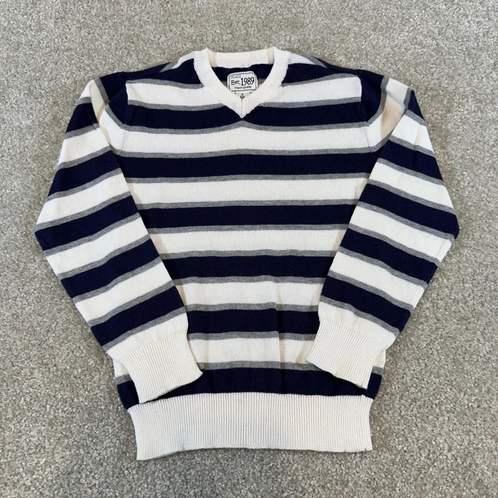 The Children's Place Boys Striped V-Neck Sweater Navy Grey Size S 5/6‎ Cotton